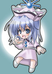 Rule 34 | 1girl, :d, blue eyes, blue hair, chibi, female focus, hat, kukyo, matching hair/eyes, md5 mismatch, merlin prismriver, open mouth, short hair, smile, solo, touhou