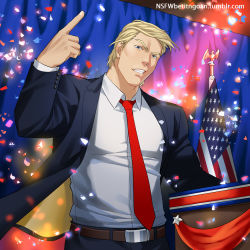Rule 34 | &#039;murica, 1boy, 2016, american flag, arm up, bara, belt, bird, blonde hair, blue background, blue eyes, blue jacket, blue theme, clenched teeth, confetti, donald trump, dress shirt, eagle, formal, jacket, lights, male focus, muscular, necktie, nsfwbetitngoan, old, old man, open clothes, open jacket, pointing, pointing up, politician, politics, real life, realistic, red necktie, shirt, smile, smug, solo, stage lights, standing, suit, teeth, united states, upper body, white shirt