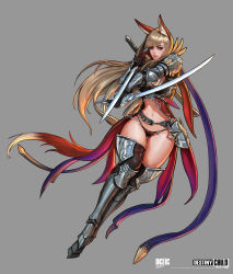 Rule 34 | 1girl, absurdres, animal ears, armor, black gloves, black panties, black thighhighs, blue eyes, breasts, cleavage, copyright name, dae jun park, destiny child, dual wielding, elbow gloves, faulds, full body, gloves, gluteal fold, greaves, grey background, highres, holding, lace, lace-trimmed legwear, lace trim, large breasts, leg up, light brown hair, lips, long hair, md5 mismatch, midriff, navel, original, panties, pauldrons, resolution mismatch, saber (weapon), shoulder armor, sidelocks, simple background, smile, solo, source smaller, string panties, swept bangs, sword, tail, thigh gap, thigh strap, thighhighs, underwear, vambraces, very long hair, weapon
