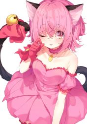 Rule 34 | 1girl, ;p, animal ears, bell, breasts, cat ears, cat girl, cat tail, chiyonekoko, choker, commentary request, cowboy shot, detached sleeves, dress, frilled dress, frills, gloves, hair between eyes, hand up, highres, jingle bell, long hair, looking at viewer, mew ichigo, momomiya ichigo, one eye closed, pink choker, pink dress, pink eyes, pink hair, red gloves, red ribbon, ribbon, short sleeves, simple background, solo, strapless, strapless dress, tail, tail bell, tail ornament, tail raised, tail ribbon, tokyo mew mew, tongue, tongue out, white background