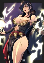 Rule 34 | 1girl, absurdres, ass, bare shoulders, black dress, black hair, breasts, circlet, cleavage, collarbone, commission, cowboy shot, detached sleeves, dress, earrings, fire emblem, fire emblem: the blazing blade, highres, ihsnet, jewelry, large breasts, lightning, lipstick, long hair, looking at viewer, magic, makeup, mature female, navel, nintendo, plunging neckline, red sash, sash, side slit, signature, simple background, smile, solo, sonia (fire emblem: the blazing blade), thighs, yellow eyes