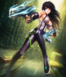 Rule 34 | 1girl, bare shoulders, black gloves, black hair, blue eyes, bodysuit, boots, breasts, car, chaosringen, electricity, female focus, fingerless gloves, gloves, gun, handgun, holding, holding gun, holding weapon, jumping, large breasts, lips, long hair, looking at viewer, motor vehicle, original, parted lips, road, science fiction, sideboob, solo, street, thigh boots, thighhighs, trash can, vehicle, very long hair, weapon