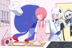 Rule 34 | + +, 3girls, absurdres, apron, baking, behind another, blue apron, blunt bangs, blush, blush stickers, camera, cevio, chef hat, commentary request, cutting board, daradara art, diamond hair ornament, dough, drooling, dual persona, hair over shoulder, hands on another&#039;s shoulders, haru (cevio), hat, head scarf, heart, highres, holding, holding camera, hood, hood down, hooded jacket, jacket, kaf (kamitsubaki studio), kafu (cevio), kamitsubaki studio, kitchen, kneading dough, ladle, laplace (kamitsubaki studio), looking at food, low twintails, mouth drool, multiple girls, music, musical note, open mouth, pink apron, pink hair, radio, rolling pin, round eyewear, shirt, short sleeves, singing, smile, spatula, stalking, stove, sunglasses, t-shirt, twintails, white hair, white jacket, white shirt