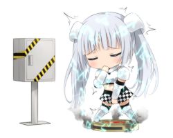 Rule 34 | 10s, 1girl, ^^^, checkered clothes, checkered skirt, chibi, closed eyes, covering own mouth, electricity, gauntlets, goribote, hair ornament, long hair, miss monochrome, miss monochrome (character), navel, robotic vacuum cleaner, ruu-chan, silver hair, simple background, skirt, smoke, solo, thighhighs, twintails, very long hair, white background