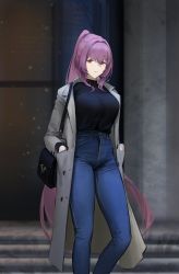 Rule 34 | 1girl, absurdres, bag, blue legwear, blue sweater, blurry, blurry background, breasts, building, closed mouth, denim, dokshuri, fate/grand order, fate (series), feet out of frame, grey jacket, hair between eyes, hair intakes, hands in pockets, high-waist pants, highres, jacket, jeans, large breasts, long hair, long jacket, long sleeves, looking at viewer, open clothes, open jacket, outdoors, pants, ponytail, purple hair, red eyes, scathach (fate), shirt tucked in, shoulder bag, solo, stairs, sweater, thighs, turtleneck, turtleneck sweater, very long hair