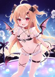Rule 34 | 1girl, :d, absurdres, ahoge, bat wings, belt, black ribbon, black wings, blonde hair, blush, breasts, commentary request, demon tail, fang, hair ribbon, highres, long hair, looking at viewer, miy@, navel, open mouth, original, pointy ears, red eyes, ribbon, small breasts, smile, solo, standing, tail, thigh belt, thigh strap, two side up, wings