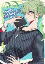 Rule 34 | 1boy, amami rantaro, book, bracelet, collarbone, danganronpa (series), danganronpa v3: killing harmony, dated, dutch angle, ear piercing, earrings, from side, green eyes, green hair, hair between eyes, happy birthday, holding, holding book, jewelry, long sleeves, looking at viewer, male focus, nabu (d4ng4nn6bu12), necklace, open book, piercing, ring, shirt, short hair, smile, solo, striped clothes, striped shirt, white background