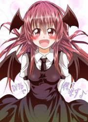 Rule 34 | 1girl, :d, arms behind back, bat wings, brown eyes, dress, fang, gradient background, head wings, highres, koakuma, matsuoka michihiro, matsuoka two@glf dizzy18, necktie, open mouth, red hair, smile, solo, touhou, translation request, wings