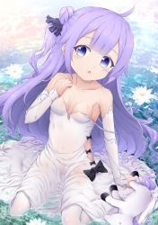 Rule 34 | 1girl, :o, azur lane, bad id, bad pixiv id, bare shoulders, black bow, black ribbon, bow, breasts, collarbone, commentary, detached sleeves, dress, english commentary, flower, hair bun, hair ribbon, isa, long hair, long sleeves, looking at viewer, lotus, parted lips, purple eyes, purple hair, ribbon, shallow water, side bun, single hair bun, single side bun, sitting, small breasts, solo, strap slip, stuffed animal, stuffed toy, stuffed winged unicorn, thighhighs, unicorn (azur lane), very long hair, wariza, water, wet, wet clothes, wet dress, white dress, white flower, white sleeves, white thighhighs