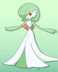 Rule 34 | 1girl, absurdres, artist name, bob cut, colored skin, creatures (company), female focus, flat chest, full body, game freak, gardevoir, gen 3 pokemon, gradient background, green background, green hair, green skin, green theme, hair over one eye, happy, highres, legs apart, looking at viewer, meru (mer milky77), multicolored skin, nintendo, one eye covered, open mouth, pokemon, pokemon (creature), red eyes, short hair, signature, simple background, smile, solo, standing, twitter username, two-tone skin, white skin