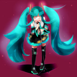 Rule 34 | bad id, bad pixiv id, blue hair, detached sleeves, closed eyes, harepore, hatsune miku, long hair, microphone, skirt, solo, thighhighs, twintails, vocaloid