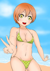 Rule 34 | 1girl, absurdres, artist request, beach, blush, breasts, cleavage, cloud, female focus, hair between eyes, highres, hoshizora rin, looking at viewer, love live!, love live! school idol project, medium breasts, navel, ocean, open mouth, orange hair, outdoors, sand, short hair, sky, smile, solo, standing, v, water