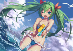 Rule 34 | 1girl, bikini, bird, blue sky, bow, cloud, cloudy sky, collarbone, commentary, cowboy shot, day, dutch angle, frilled bikini, frills, green eyes, green hair, hair bow, hatsune miku, highres, holding, holding water gun, kyou-chan, long hair, looking at viewer, navel, ocean, one eye closed, outdoors, seagull, sky, smile, solo, swimsuit, thigh gap, twintails, very long hair, vocaloid, wading, water, water drop, water gun, waves