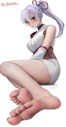 Rule 34 | 1girl, absurdres, barefoot, blush, fate/grand order, fate (series), feet, foot focus, footer@unyaaan, highres, long hair, looking at viewer, parted lips, ponytail, red eyes, silver hair, soles, toes, tomoe gozen (fate)