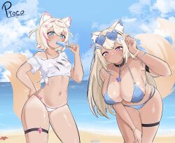 2girls absurdres animal_ear_fluff animal_ears bandaid bandaid_hair_ornament beach bent_over bikini bikini_tan bikini_under_clothes blonde_hair blue_bikini blue_eyes blue_hair breasts collar colored_inner_animal_ears day dog_ears dog_girl dog_tail eyewear_on_head food fuwawa_abyssgard hair_ornament hand_on_own_hip highres hololive hololive_english large_breasts long_hair looking_at_viewer medium_breasts mococo_abyssgard multicolored_hair multiple_girls navel outdoors p_protocoll pink_eyes pink_hair popsicle shirt short_hair siblings sisters streaked_hair sunglasses swimsuit tail tan tanline tied_shirt twins two-tone_hair virtual_youtuber x_hair_ornament