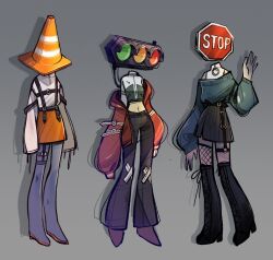 Rule 34 | 3girls, belt, belt buckle, black footwear, boots, buckle, colored skin, commentary, crop top, english commentary, faceless, feefal, fishnets, highres, multiple girls, navel, orange skirt, original, personification, road sign, shadow, sign, simple background, skirt, stop sign, strap, traffic cone, traffic light, yellow skin