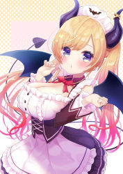 Rule 34 | 1girl, absurdres, apron, black horns, black wings, blonde hair, blue eyes, blush, breasts, buttons, center frills, chocomarybadend, cleavage, corset, demon girl, demon horns, demon tail, demon wings, detached sleeves, frilled shirt, frilled sleeves, frilled straps, frills, heart, heart in eye, highres, hololive, horns, large breasts, long hair, looking at viewer, low neckline, maid, maid headdress, miniskirt, official alternate costume, pleated skirt, polka dot, polka dot background, puckered lips, shirt, simple background, skirt, solo, swept bangs, symbol in eye, tail, twintails, underbust, virtual youtuber, waist apron, white apron, white background, wings, yuzuki choco, yuzuki choco (maid)
