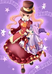 Rule 34 | 2girls, :d, arm grab, ascot, bat (animal), blush, bow, dolce (rune factory), dress, earrings, fur trim, ghost, gloves, hair between eyes, hair bow, hat, hat ribbon, jewelry, long hair, long skirt, long sleeves, looking at viewer, multiple girls, musical note, open mouth, pico (rune factory), pink hair, pointy ears, puffy sleeves, purple background, purple hair, ribbon, rune factory, rune factory 4, size difference, skirt, smile, star (symbol), tinkle2013, top hat, twintails, wavy hair, white gloves