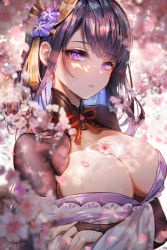 Rule 34 | 1girl, armor, breast hold, breasts, bridal gauntlets, bust cup, cleavage, flower, genshin impact, hair flower, hair ornament, highres, japanese clothes, kimono, large breasts, long hair, looking at viewer, mole, mole under eye, nicccolee, parted lips, pink flower, purple eyes, purple hair, purple kimono, raiden shogun, red ribbon, ribbon, ripples, shoulder armor, solo, upper body, water drop