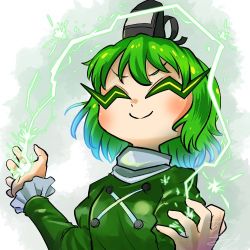 Rule 34 | 1girl, profile picture, chamaji, commentary, dress, closed eyes, frilled sleeves, frills, green dress, green hair, hat, japanese clothes, lightning, long sleeves, lowres, short hair, signature, smile, soga no tojiko, solo, sparks, tate eboshi, touhou, upper body, white background