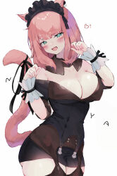 Rule 34 | 1girl, animal ears, bare shoulders, blush, breasts, cat, cat ears, cat tail, cleavage, cowboy shot, curvy, fang, final fantasy, final fantasy xiv, garter straps, green eyes, highres, large breasts, long hair, miqo&#039;te, off-shoulder shirt, off shoulder, open mouth, paw pose, pink hair, shhilee, shirt, simple background, smile, solo, tail, thighs, white background