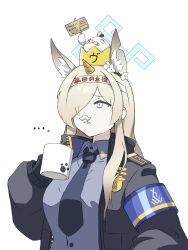 Rule 34 | ..., 1girl, animal ear fluff, animal ears, armband, black gloves, black jacket, black necktie, blonde hair, blue archive, blue shirt, breasts, clenched hand, coffee mug, collared shirt, crown, cup, extra ears, fake facial hair, fake horns, fake mustache, gloves, hair over one eye, halo, happy birthday, headband, highres, holding, holding cup, horns, jacket, kanna (blue archive), long hair, long sleeves, medium breasts, mini crown, mug, necktie, notched ear, open clothes, open jacket, open mouth, peroro (blue archive), sharp teeth, shirt, sidelocks, sign, simple background, solo, teeth, uni gyoza, upper body, white background