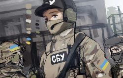 Rule 34 | 3boys, balaclava, black hat, blue eyes, brown eyes, building, color guide, covered mouth, cyrillic, hat, headphones, headset, helmet, kikurina, long sleeves, looking at viewer, male focus, mask, military, military uniform, multiple boys, original, outdoors, over shoulder, palette (object), patch, shoulder patch, sketch, standing, ukrainian flag, ukrainian text, uniform, upper body, weapon