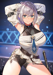 Rule 34 | 1girl, arm belt, armpits, arms behind head, arms up, bare shoulders, belt, black shorts, braid, breasts, closed mouth, detached sleeves, green eyes, grey hair, hololive, kibanda gohan, large breasts, long sleeves, looking at viewer, necktie, ponytail, shirogane noel, shirogane noel (5th costume), shirt, short hair, short shorts, shorts, side slit, smile, solo, strapless, strapless shirt, thighs, virtual youtuber, white shirt