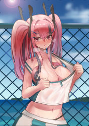 Rule 34 | 1girl, absurdres, areola slip, azur lane, bare shoulders, bow, breasts, bremerton (azur lane), bremerton (scorching-hot training) (azur lane), chain-link fence, cleavage, colored eyelashes, commentary request, crop top, crop top overhang, day, fence, grey hair, hair between eyes, hair bow, hair ornament, hairclip, heavy breathing, highres, large breasts, lips, long hair, looking at viewer, multicolored hair, navel, nipple slip, nipples, no mole, onedoo, open mouth, outdoors, pink hair, see-through, sportswear, steam, streaked hair, sun, sunlight, sweat, tennis uniform, twintails, two-tone hair, two-tone shirt, two-tone skirt, x hair ornament