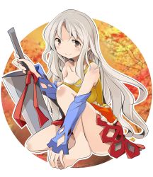 Rule 34 | 1girl, autumn, autumn leaves, bare shoulders, barefoot, blue sleeves, closed mouth, dress, full body, grey hair, hidden star in four seasons, highres, holding, holding knife, holding weapon, knife, long hair, looking at viewer, mukuroi, multicolored clothes, multicolored dress, orange dress, orange eyes, sakata nemuno, smile, solo, toes, touhou, tree, weapon, white background, yellow dress
