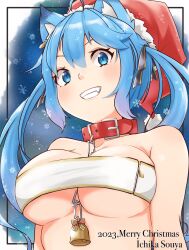 Rule 34 | 1girl, ahoge, alternate costume, animal collar, animal ears, bandeau, bell, black bow, blue hair, blush, bow, chain, chain between breasts, collar, commentary request, dog ears, dog girl, fur-trimmed headwear, fur trim, grin, hair bow, hat, highres, long hair, looking at viewer, lovermoonlight, low twintails, medium bangs, nanashi inc., pom pom (clothes), red hat, santa hat, smile, snowflakes, solo, souya ichika, twintails, upper body, virtual youtuber, white bandeau