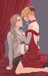 Rule 34 | 2girls, backless dress, backless outfit, bare legs, bare shoulders, bed sheet, black pants, blonde hair, bow, bra, breasts, brown eyes, brown hair, choker, closed mouth, collared shirt, couple, dress, dress shirt, earrings, eye contact, girl on top, glasses, granblue fantasy, grey bra, grey shirt, hair bow, hand on another&#039;s neck, hand on another&#039;s waist, highres, indoors, jewelry, katalina (granblue fantasy), kneeling, long hair, looking at another, medium breasts, midriff, miso-ha (ukyuu), multiple girls, navel, off-shoulder dress, off shoulder, open clothes, open shirt, pants, parted bangs, red bow, red choker, red dress, red eyes, shirt, short hair, sitting, stomach, straight hair, sweatdrop, unbuttoned, unbuttoned shirt, underwear, vira (granblue fantasy), wing collar, yuri