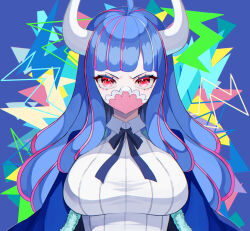 Rule 34 | 1girl, absurdres, blue background, blue hair, breasts, crazy otama, highres, horns, large breasts, long hair, looking at viewer, mask, mouth mask, multicolored hair, one piece, pink eyes, pink hair, solo, two-tone hair, ulti (one piece)