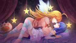 Rule 34 | 10s, 2girls, ahoge, bad id, bad pixiv id, blonde hair, blue hair, blue thighhighs, blush, breast press, breasts, catsmoon, clothes pull, dress pull, highres, holding hands, incest, large breasts, multiple girls, nude, panty &amp; stocking with garterbelt, panty (psg), siblings, sisters, stocking (psg), straddling, striped legwear, symmetrical docking, thighhighs, thighhighs pull, tongue, tongue out, white wings, wings, yuri
