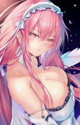 Rule 34 | 1girl, angel wings, azur lane, bare shoulders, blush, breasts, cleavage, closed mouth, detached collar, detached sleeves, dress, frilled dress, frills, gradient background, hair between eyes, headdress, inoue takuya (tactactak), large breasts, long hair, looking at viewer, perseus (azur lane), pink eyes, pink hair, ribbon, solo, twintails, very long hair, white dress, white headwear, white ribbon, wings