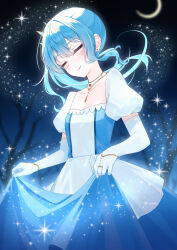 Rule 34 | absurdres, bibideba (hololive), blue dress, cinderella, closed eyes, crescent moon, curtsey, dress, earrings, highres, hololive, hoshimachi suisei, jewelry, magic, moon, necklace, night, rio1105, side ponytail, sidelocks, smile, sparkle, star (sky), stud earrings, tree, virtual youtuber, white dress