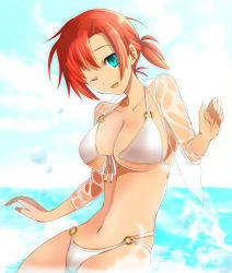 Rule 34 | 1girl, bikini, boudica (fate), breasts, cimeri, cleavage, cowboy shot, dress shirt, fate/grand order, fate (series), front-tie top, green eyes, large breasts, o-ring, o-ring bottom, one eye closed, red hair, see-through, shirt, short hair, short ponytail, solo, swimsuit, white bikini