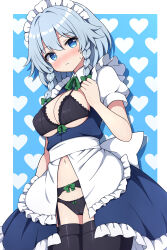 Rule 34 | 1girl, adapted costume, apron, black bra, black panties, black thighhighs, blue dress, blue eyes, blush, bow, bow bra, bow panties, bra, braid, breasts, cameltoe, cleavage, closed mouth, collared shirt, cowboy shot, crotch seam, dress, frilled apron, frilled dress, frills, garter belt, green bow, grey hair, hair between eyes, heart, heart background, highres, izayoi sakuya, large breasts, looking at viewer, maid, maid apron, maid headdress, panties, puffy short sleeves, puffy sleeves, revealing clothes, rizento, shirt, short hair, short sleeves, solo, thighhighs, touhou, twin braids, underwear, waist apron, white apron, white shirt