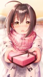Rule 34 | 1girl, absurdres, ahoge, black hair, black ribbon, blurry, blurry background, blush, box, breath, brown eyes, coat, dot nose, evening, gift, gift box, heart-shaped box, highres, idolmaster, idolmaster cinderella girls, idolmaster cinderella girls starlight stage, kohinata miho, long sleeves, looking at viewer, masuku (saint mask), open clothes, open coat, open mouth, outdoors, pink scarf, plaid, plaid scarf, reaching, reaching towards viewer, ribbon, scarf, short hair, shy, snow, solo, sweater, valentine, white coat, white sweater, winter
