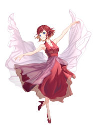 Rule 34 | 1girl, blue eyes, dancing, dress, gogo (detteiu de), high heels, highres, jewelry, kairi (kingdom hearts), kingdom hearts, kingdom hearts iii, looking at viewer, necklace, outstretched arms, red dress, red footwear, red hair, shawl, short hair, simple background, smile, solo