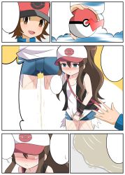 Rule 34 | 1boy, 1girl, absurdres, bag, bare shoulders, baseball cap, black vest, blue eyes, blue shorts, blush, breasts, brown eyes, brown hair, close-up, closed mouth, collarbone, comic, cowboy shot, creatures (company), crying, embarrassed, faceless, faceless female, fizu, game freak, happy, hat, high ponytail, highres, hilbert (pokemon), hilda (pokemon), holding, holding poke ball, long hair, looking at viewer, matching hair/eyes, multiple views, nintendo, nose blush, open clothes, open mouth, open vest, peeing, peeing self, poke ball, poke ball (basic), poke ball symbol, poke ball theme, pokemon, pokemon bw, puddle, red headwear, shirt, shirt tug, short hair, short shorts, shorts, shoulder bag, sidelocks, sleeveless, sleeveless shirt, small breasts, smile, speech bubble, standing, sweat, sweatband, tears, textless version, vest, watch, wet, wet clothes, white headwear, white shirt, wristwatch