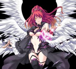 Rule 34 | 1girl, black background, breasts, eushully, game cg, legs, long hair, looking at viewer, madou koukaku, navel, ponytail, power, red hair, simple background, solo, standing, thighs, weapon, white wings, wings, yellow eyes