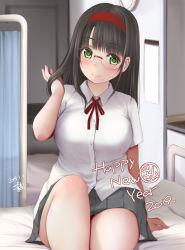 Rule 34 | 1girl, 2019, arm support, bed, black hair, blush, breasts, buttons, closed mouth, collared shirt, commentary request, curtains, dated, dress shirt, glasses, green eyes, grey skirt, hairband, hand up, happy new year, head tilt, hospital bed, indoors, infirmary, knee up, kozue akari, large breasts, long hair, looking at viewer, miniskirt, neck ribbon, new year, original, pleated skirt, red ribbon, ribbon, rimless eyewear, round eyewear, school uniform, shirt, short sleeves, sidelocks, signature, sitting, skirt, smile, solo, thighs, white shirt