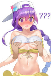 Rule 34 | 1girl, ?, ??, @ @, backwards hat, bandeau, bare shoulders, baseball cap, bb (fate), bb (fate) (all), bb (swimsuit mooncancer) (fate), bb (swimsuit mooncancer) (first ascension) (fate), blush, breasts, cropped jacket, disembodied hand, fate/grand order, fate (series), grabbing, grabbing another&#039;s breast, hat, hat ornament, highres, jacket, large breasts, long hair, navel, nose blush, open mouth, purple eyes, purple hair, simple background, star (symbol), star hat ornament, tsukise miwa, very long hair, white background, white headwear, yellow jacket