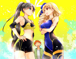 Rule 34 | &gt;:d, 1boy, 2girls, :d, alternate hairstyle, bike shorts, black hair, blonde hair, blue eyes, breasts, collarbone, covered erect nipples, covered navel, crossed arms, drill hair, emiya shirou, fate/hollow ataraxia, fate/stay night, fate (series), gradient background, hand on own hip, hands on own hips, long hair, luviagelita edelfelt, medium breasts, midriff, multiple girls, navel, official alternate costume, open mouth, orange hair, ponytail, red eyes, small breasts, smile, spandex, sports bra, sportswear, sweatdrop, teeth, tohsaka rin, two-tone sports bra, v-shaped eyebrows, wrestling outfit, yakan (kusogaki teikoku)