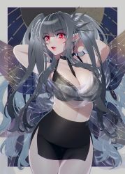Rule 34 | 1girl, arms behind head, black choker, black skirt, bra, choker, colored eyelashes, commentary, commission, crown, english commentary, fairy wings, glowing, glowing eyes, grey bra, highres, kireitsu, long hair, looking at viewer, maitei roppa, mole, mole under eye, open mouth, pointy ears, red eyes, second-party source, sidelocks, silver hair, skeb commission, skirt, solo, sumiko himeko, twintails, underwear, virtual youtuber, wings