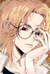 Rule 34 | 1boy, black eyes, blonde hair, close-up, empty eyes, glasses, hand up, head rest, highres, light frown, looking at viewer, male focus, pago0024, portrait, sano manjirou, tokyo revengers