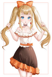 Rule 34 | 1girl, absurdres, bad id, bad pixiv id, bare shoulders, black choker, black skirt, blouse, blue eyes, blush, bow, brown hair, choker, collarbone, commentary request, earrings, frilled skirt, frills, guntree, hair bow, hands up, highres, holding, holding own hair, jewelry, long hair, looking at viewer, neck ribbon, off-shoulder shirt, off shoulder, orange bow, original, parted lips, red background, ribbon, shirt, sidelocks, skirt, solo, teeth, twintails, two-tone background, upper teeth only, very long hair, white background, white ribbon, white shirt