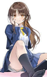 Rule 34 | 1girl, black socks, blue jacket, blue skirt, brown eyes, brown hair, commentary request, hand on own cheek, hand on own face, hand up, highres, jacket, knee up, long hair, long sleeves, looking at viewer, neck ribbon, no shoes, original, pleated skirt, ribbon, school uniform, shirt, shorts, shorts under skirt, sidelocks, simple background, sitting, skirt, smile, socks, solo, tan (tangent), white shirt, yellow ribbon