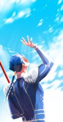 Rule 34 | 1boy, bad id, bad pixiv id, blue hair, cu chulainn (fate), cu chulainn (fate/stay night), fate/stay night, fate (series), gae bolg (fate), gradient background, highres, male focus, mochaabx, polearm, ponytail, red eyes, solo, spear, weapon